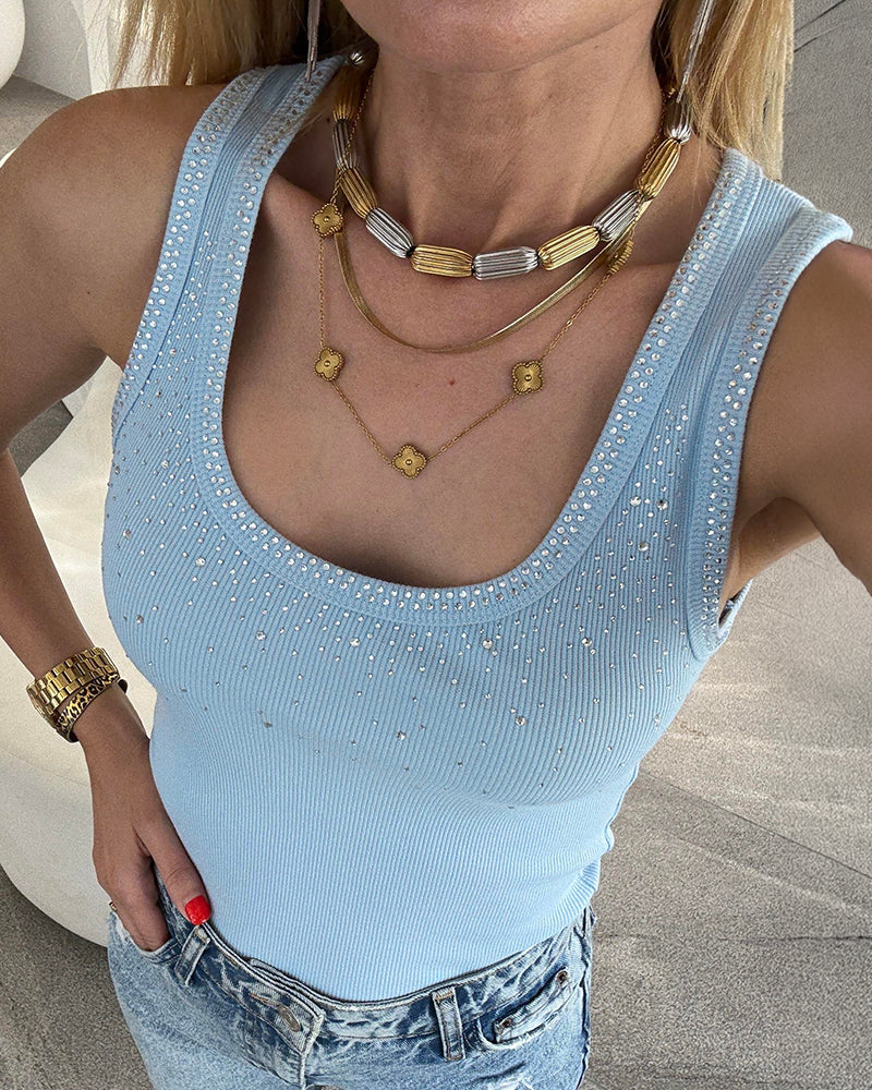 ChicMe Couture Womens Rhinestone Tank Top Fitted Ribbed Shirt Sparkly Rhinestone Ribbed Tank for Women, Flattering U Neck, Comfort Slim Fit Sleeveless Top for Casual & Going Out