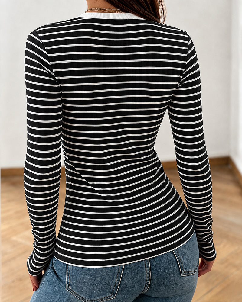ChicMe Couture Women's Striped Long Sleeve U Neck Basic Tops