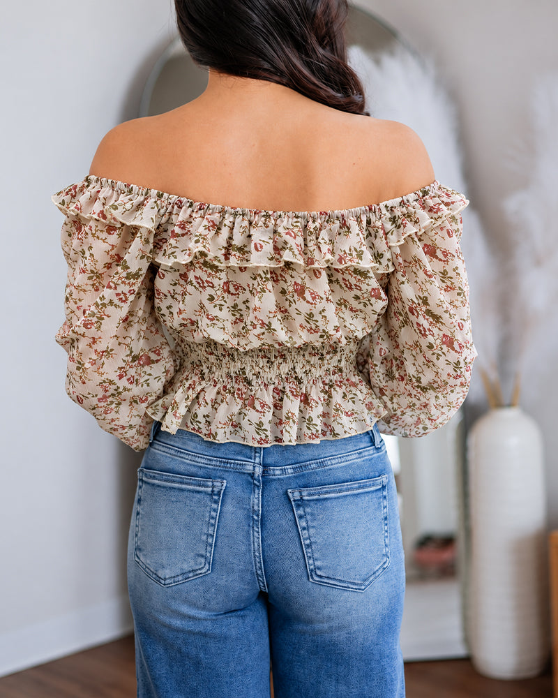 ChicMe Couture Womens Off Shoulder Ditsy Floral Chiffon Blouse