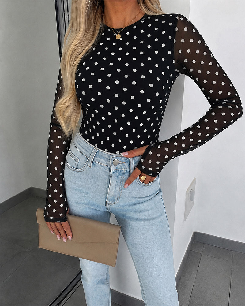 ChicMe Couture Women's Polka Dot Mesh Long Sleeve Top