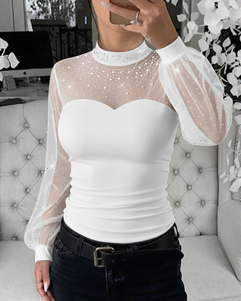 ChicMe Couture Women's Long Sleeve Rhinestone Mesh Spliced Top