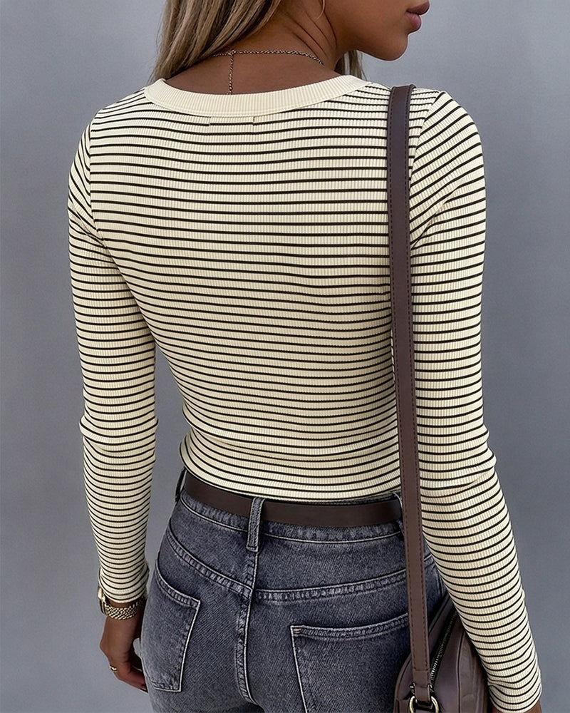 ChicMe Couture Womens Striped Long Sleeve U-Neck Top Casual Layering