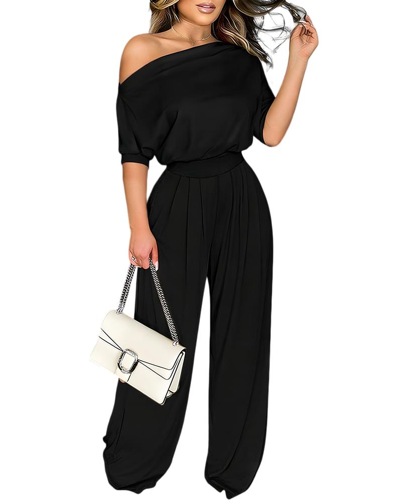 ChicMe Couture Women's One Shoulder Jumpsuit Batwing Sleeve High Waist Wide Leg Long Pants Rompers with Pockets