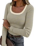 ChicMe Couture Womens Striped Long Sleeve U-Neck Top Casual Layering