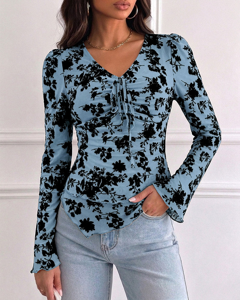 ChicMe Couture Women's Bell Sleeve Flocked Floral Mesh Top Lined Blouse Coffee Small