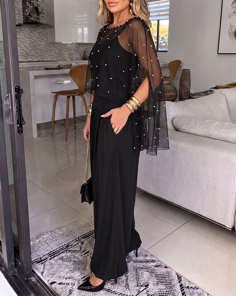 ChicMe Couture Women's Dressy Jumpsuit with Pearl Mesh Cape