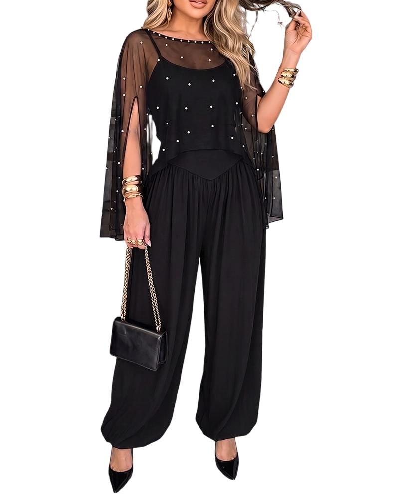 ChicMe Couture Women's Dressy Jumpsuit with Pearl Mesh Cape