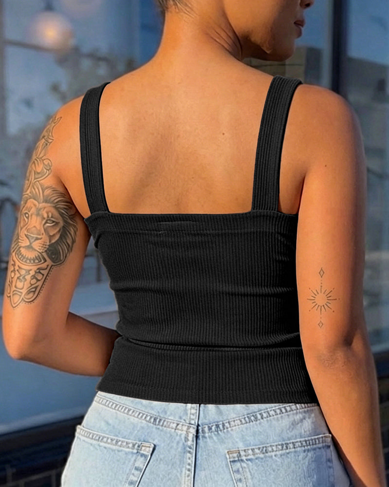 ChicMe Couture Tank Tops for Women Square Neck Ribbed Adjustable Strap Shirt Coffee Small