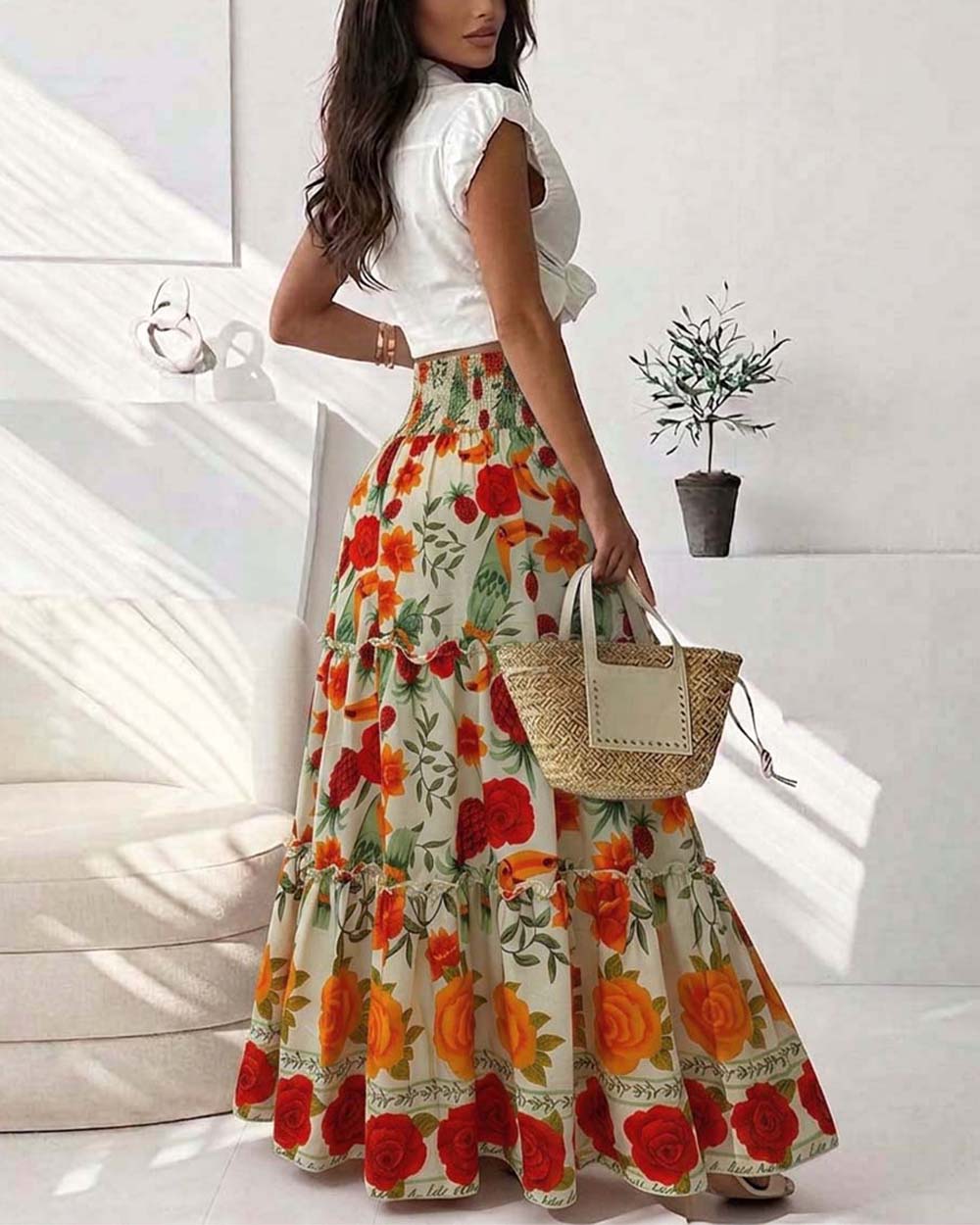 ChicMe Couture Women's Boho Casual Shirred High Waist Flowy Long Beach Resort Top