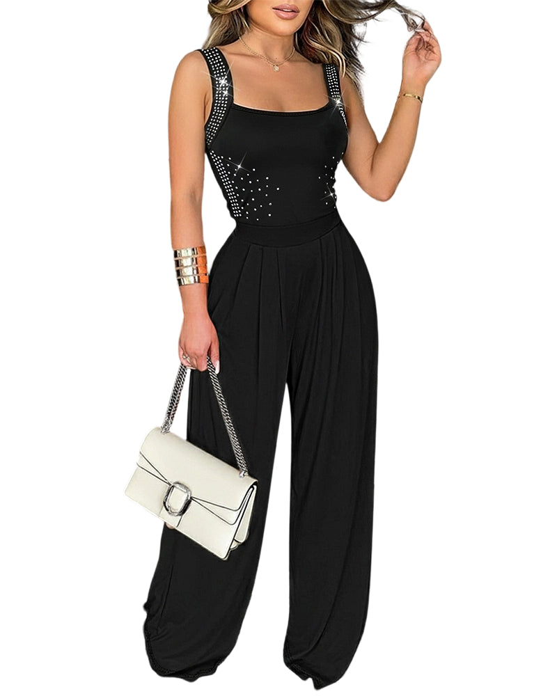 ChicMe Couture Jumpsuits for Women Rhinestone Square Neck Sleeveless Wide Leg Rompers One Piece Date Night Outfit