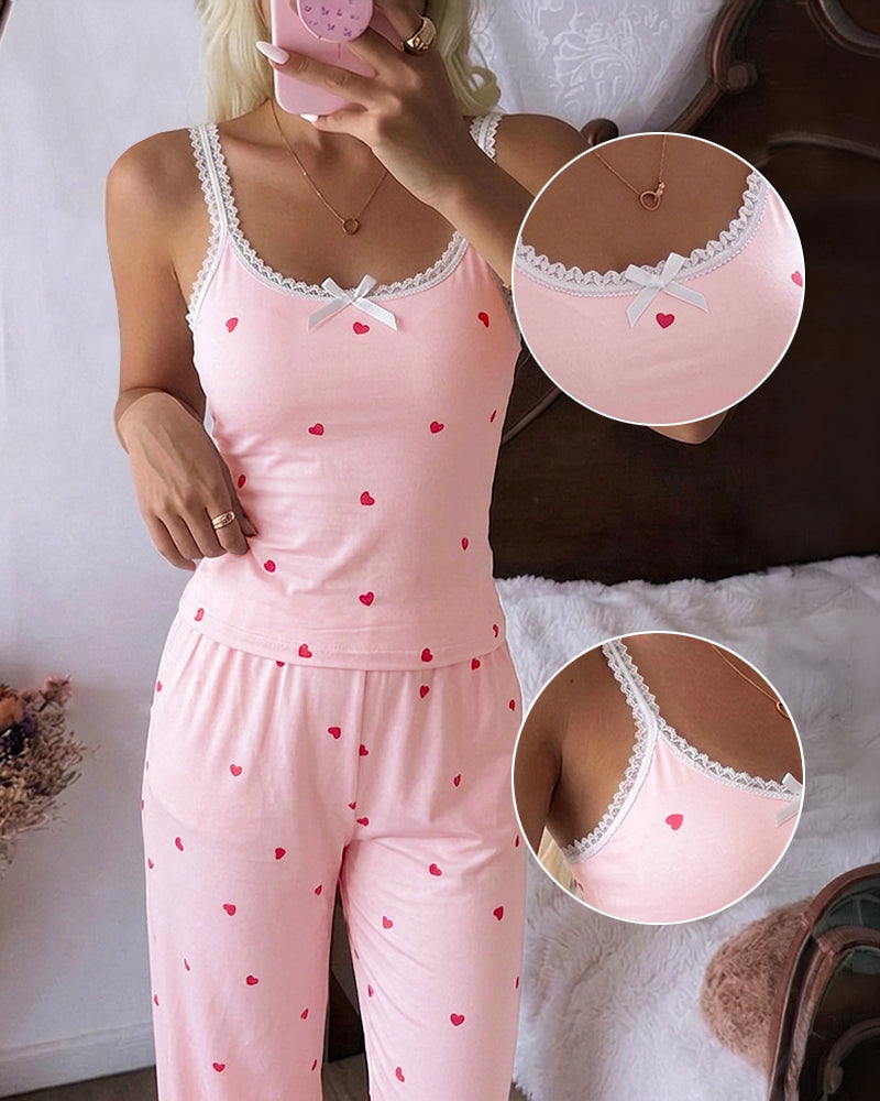 ChicMe Couture Women's Pajamas Set 2 Piece Ditsy Floral Print Lace Cami Top and Pants Loungewear with Pockets Sleepwear