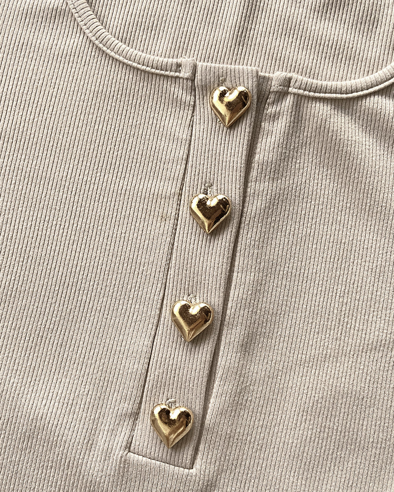 ChicMe Couture  Women's Square Neck Long Sleeve Heart Button Ribbed Top