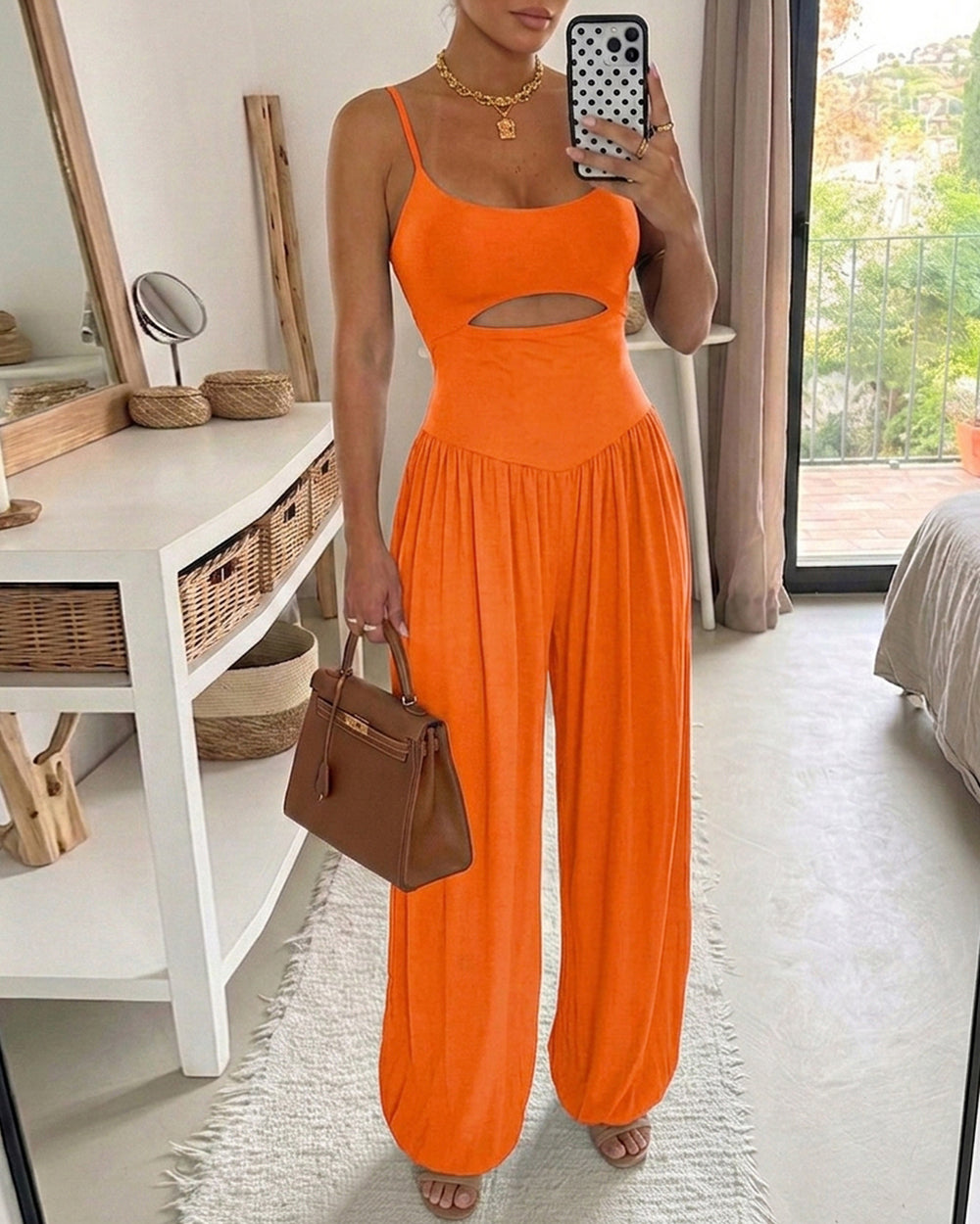 ChicMe Couture Wide Leg Jumpsuits for Women U Neck Cutout Tie Back Romper