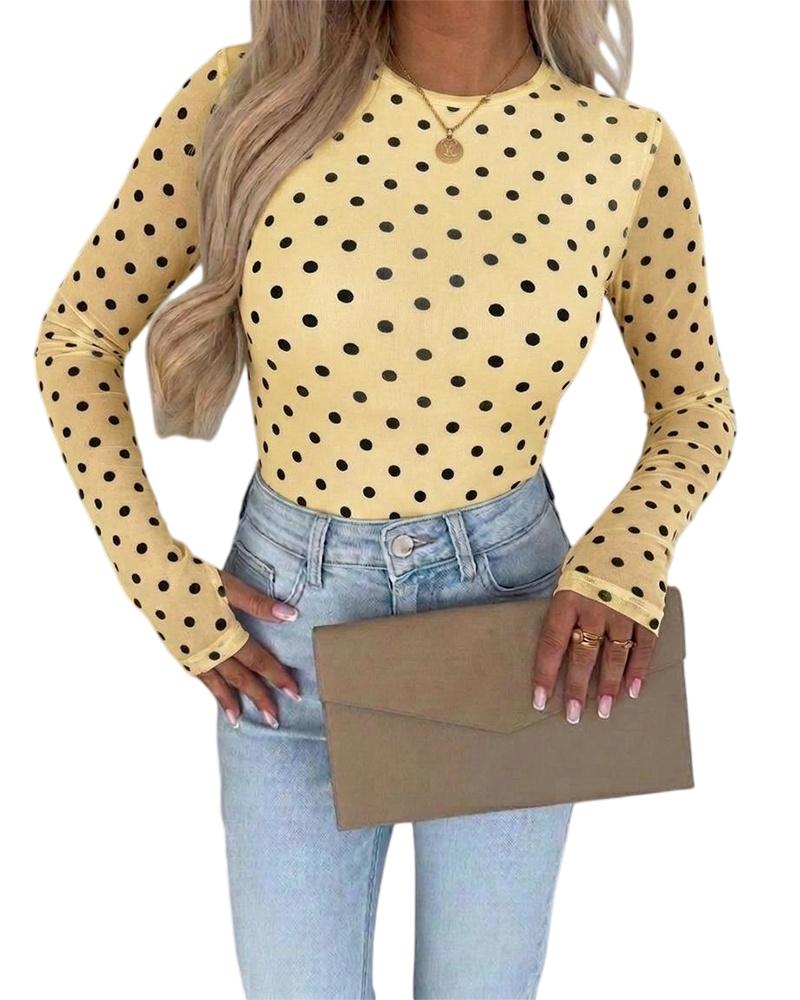 ChicMe Couture Women's Polka Dot Mesh Long Sleeve Top