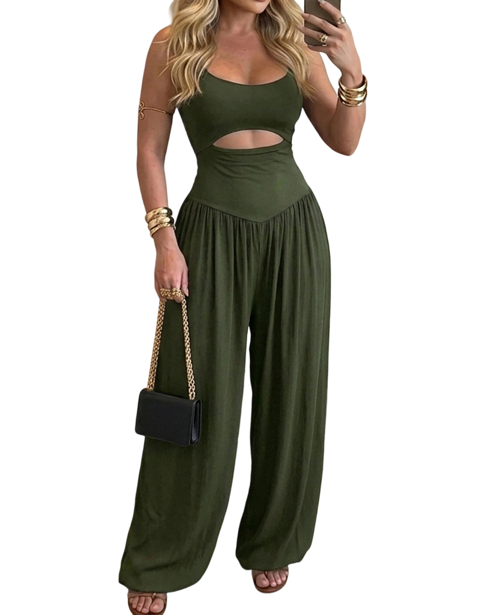 ChicMe Couture Wide Leg Jumpsuits for Women U Neck Cutout Tie Back Romper