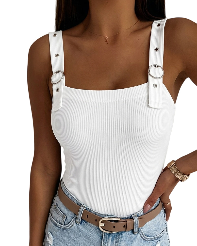 ChicMe Couture Tank Tops for Women Square Neck Ribbed Adjustable Strap Shirt Coffee Small