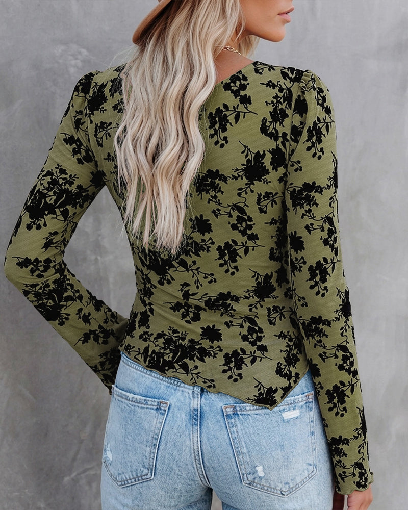 ChicMe Couture Women's Bell Sleeve Flocked Floral Mesh Top Lined Blouse Coffee Small