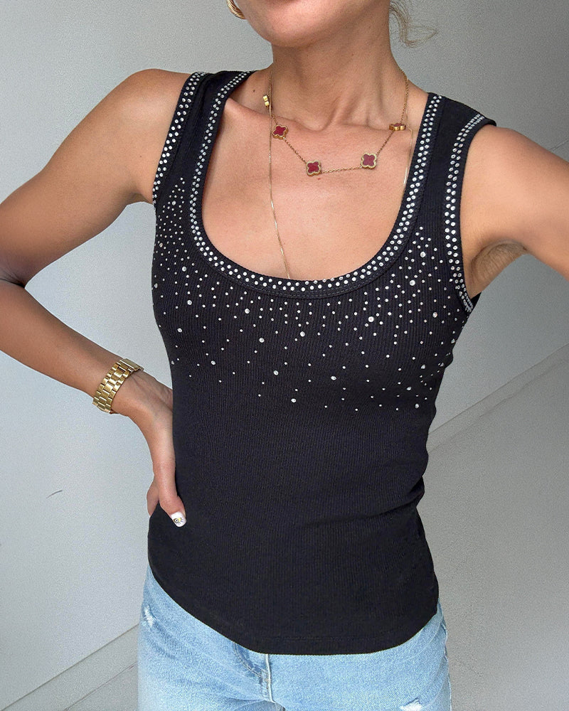ChicMe Couture Womens Rhinestone Tank Top Fitted Ribbed Shirt Sparkly Rhinestone Ribbed Tank for Women, Flattering U Neck, Comfort Slim Fit Sleeveless Top for Casual & Going Out