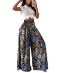 ChicMe Couture Women's Vintage Boho Maxi Skirts Floral Print Shirred Elastic High Waist Wide Leg Pants for Vacation Beach-bl-M Blue