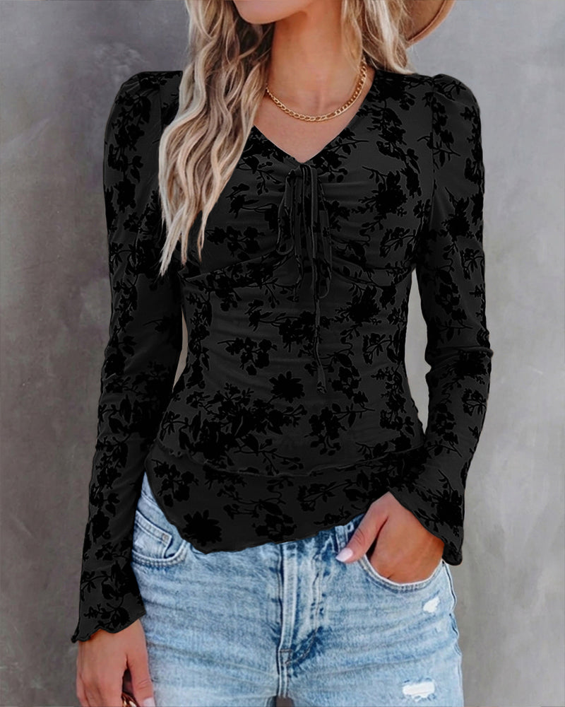 ChicMe Couture Women's Bell Sleeve Flocked Floral Mesh Top Lined Blouse Coffee Small