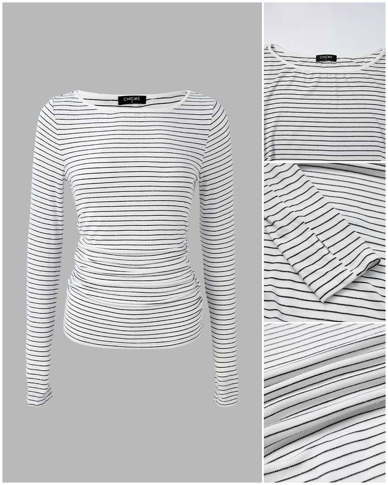 ChicMe Couture Women's Striped Boat Neck Ruched Top with Thumb Holes