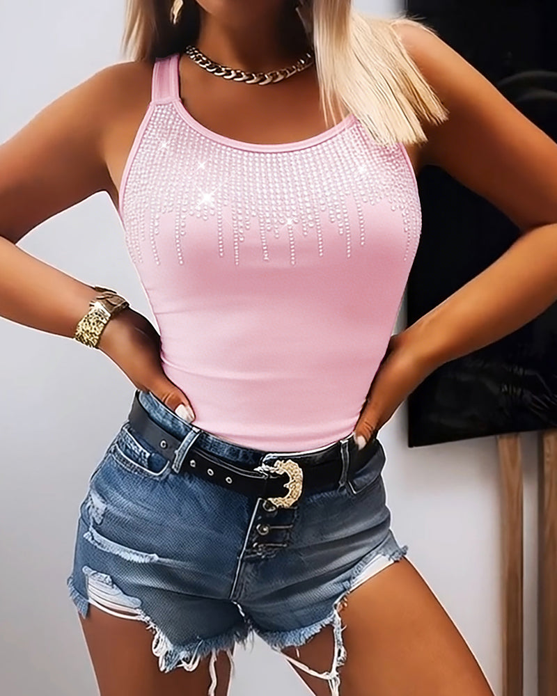 ChicMe Couture Women's Sparkly Rhinestone Backless U-Neck Tank Top