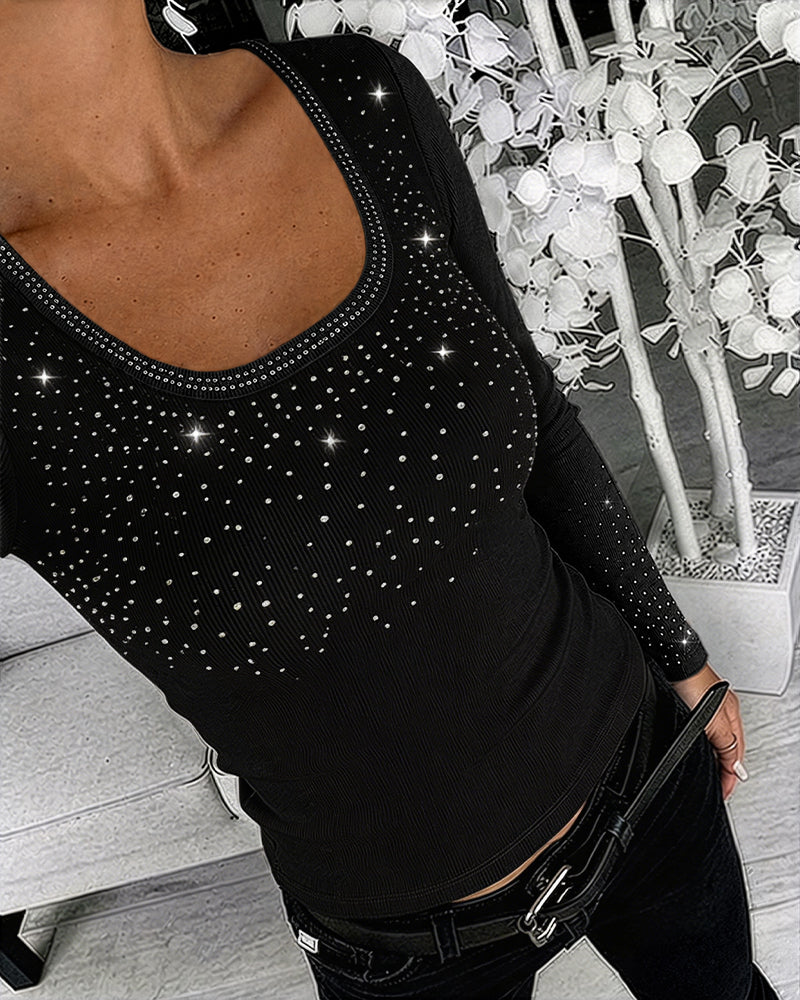 ChicMe Couture Women's Rhinestone Long Sleeve Top Khaki Medium