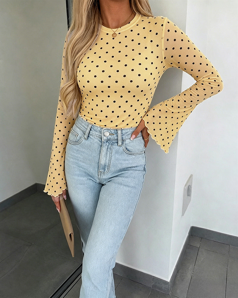 ChicMe Couture Womens Bell Sleeve Polka Dot Mesh Top Coffee Small