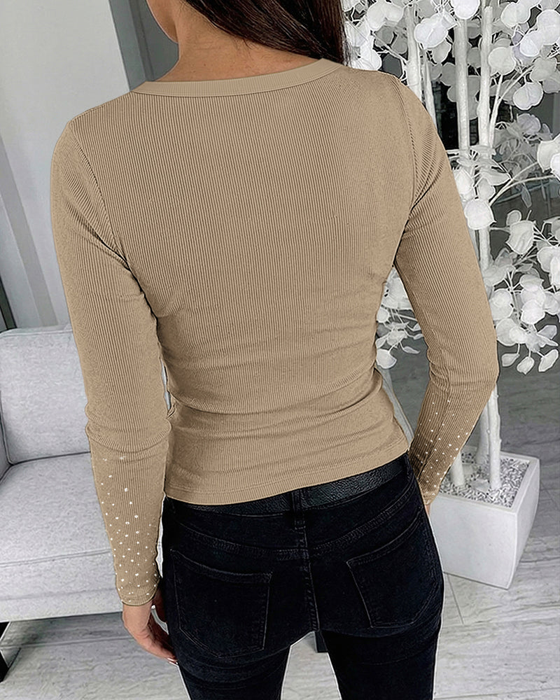 ChicMe Couture Women's Rhinestone Long Sleeve Top Khaki Medium