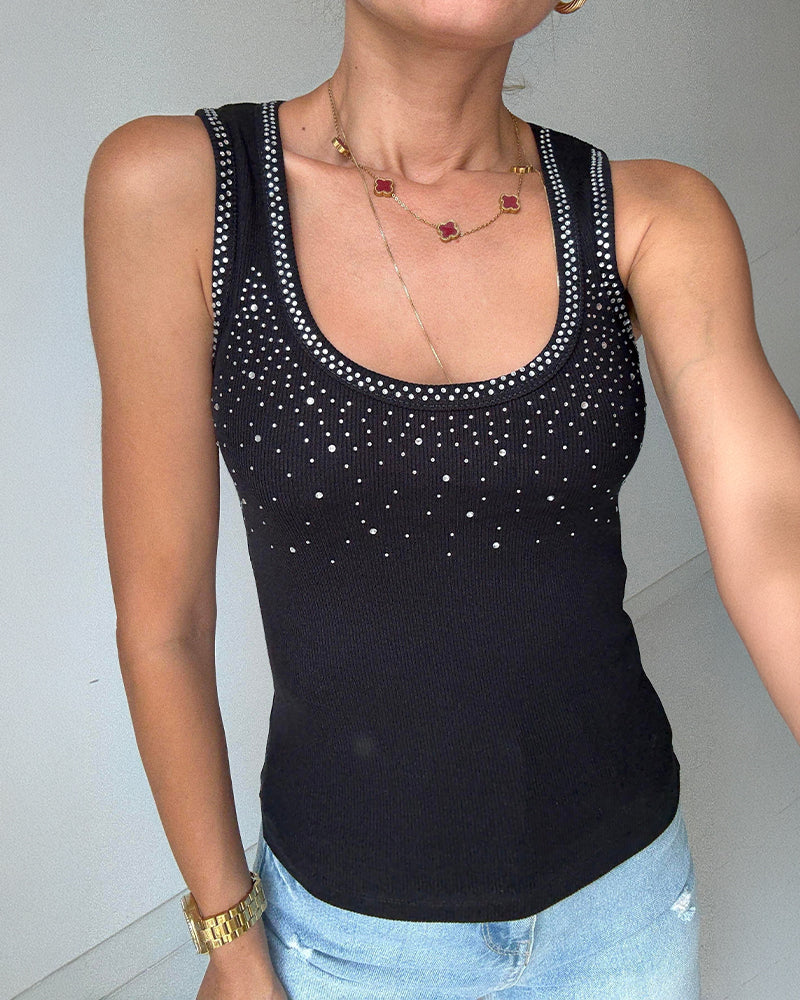 ChicMe Couture Womens Rhinestone Tank Top Fitted Ribbed Shirt Sparkly Rhinestone Ribbed Tank for Women, Flattering U Neck, Comfort Slim Fit Sleeveless Top for Casual & Going Out