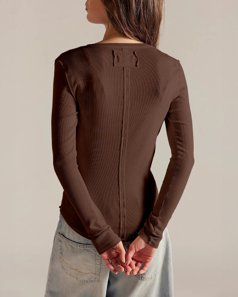ChicMe Couture Women's Henley Long Sleeve Shirts Ribbed Button V Neck Top