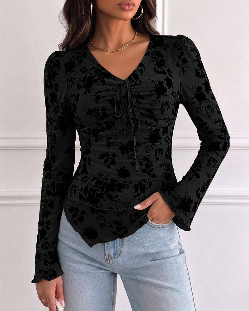 ChicMe Couture Women's Bell Sleeve Flocked Floral Mesh Top Lined Blouse Coffee Small