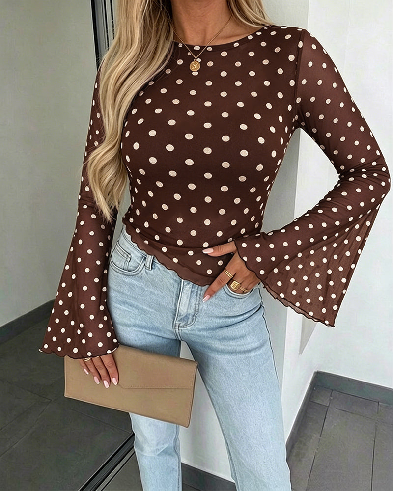 ChicMe Couture Womens Bell Sleeve Polka Dot Mesh Top Coffee Small