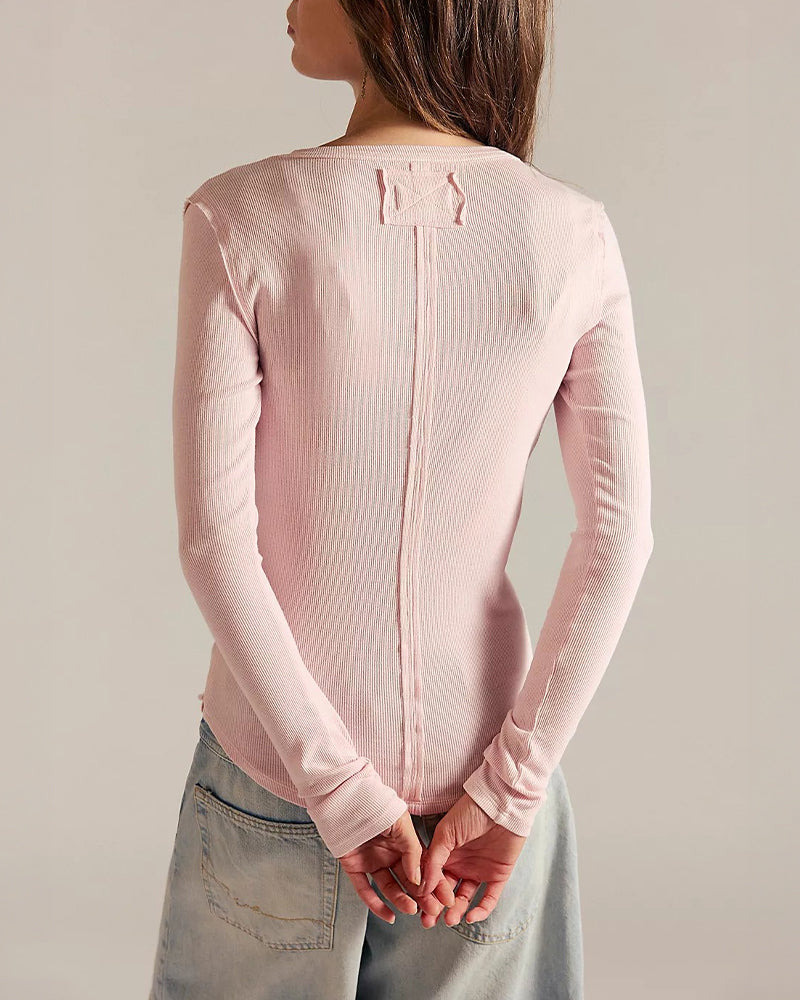 ChicMe Couture Women's Henley Long Sleeve Shirts Ribbed Button V Neck Top