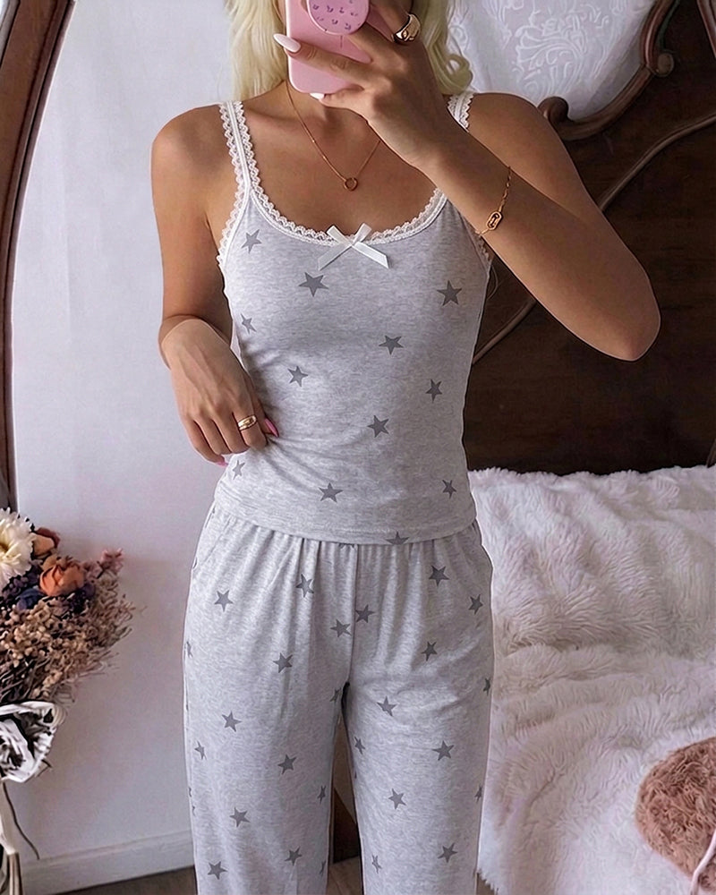 ChicMe Couture Women's Pajamas Set 2 Piece Ditsy Floral Print Lace Cami Top and Pants Loungewear with Pockets Sleepwear