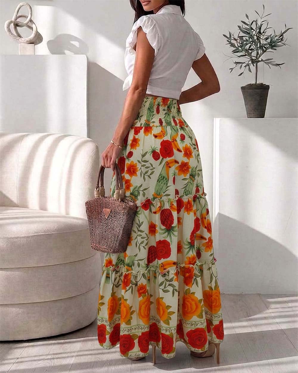 ChicMe Couture Women's Boho Casual Shirred High Waist Flowy Long Beach Resort Top