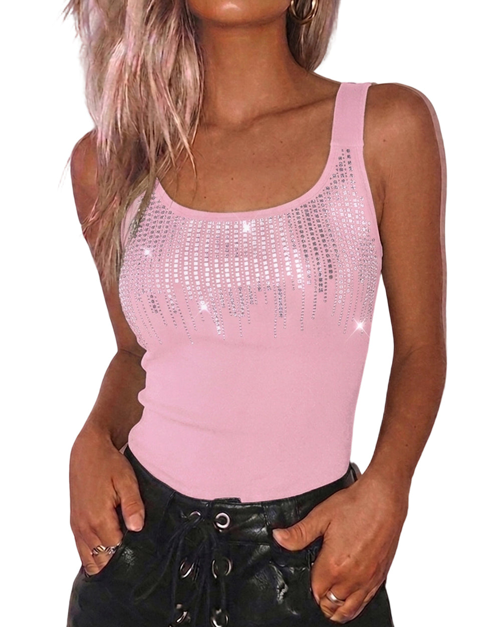 ChicMe Couture Women's Sparkly Rhinestone Backless U-Neck Tank Top