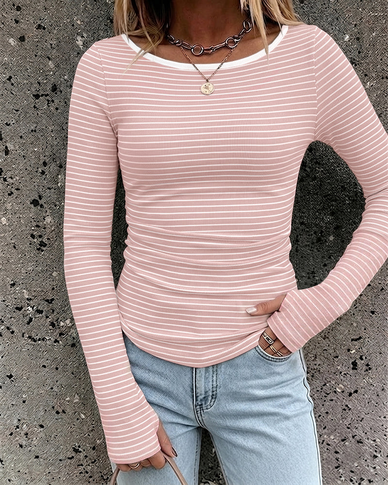 ChicMe Couture Women's Striped Boat Neck Ruched Top with Thumb Holes