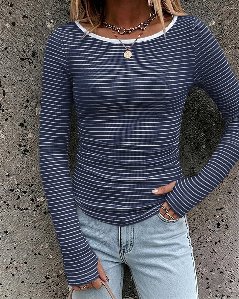 ChicMe Couture Women's Striped Boat Neck Ruched Top with Thumb Holes