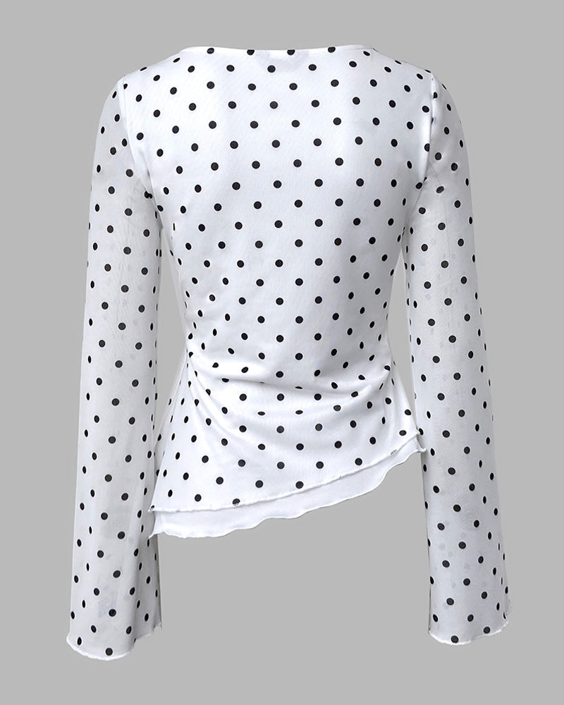 ChicMe Couture Womens Bell Sleeve Polka Dot Mesh Top Coffee Small
