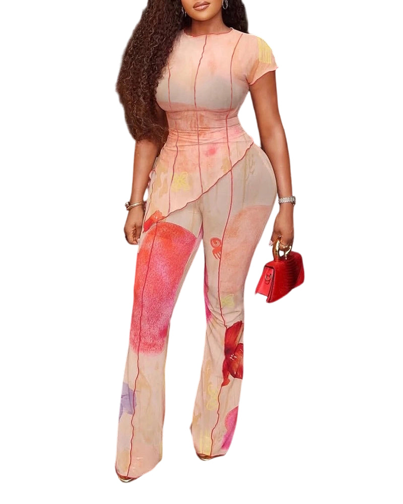 ChicMe Couture Women's Floral 2 Piece Mesh Flare Pants Outfit
