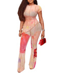 ChicMe Couture Women's Floral 2 Piece Mesh Flare Pants Outfit