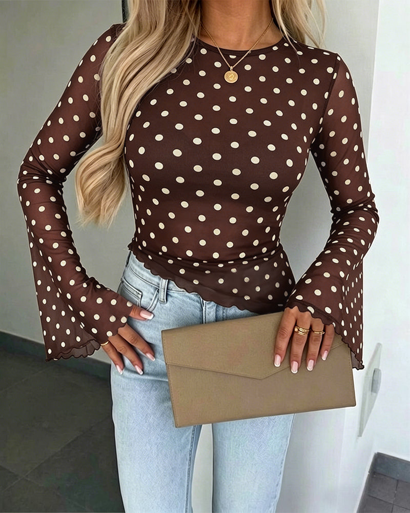 ChicMe Couture Womens Bell Sleeve Polka Dot Mesh Top Coffee Small