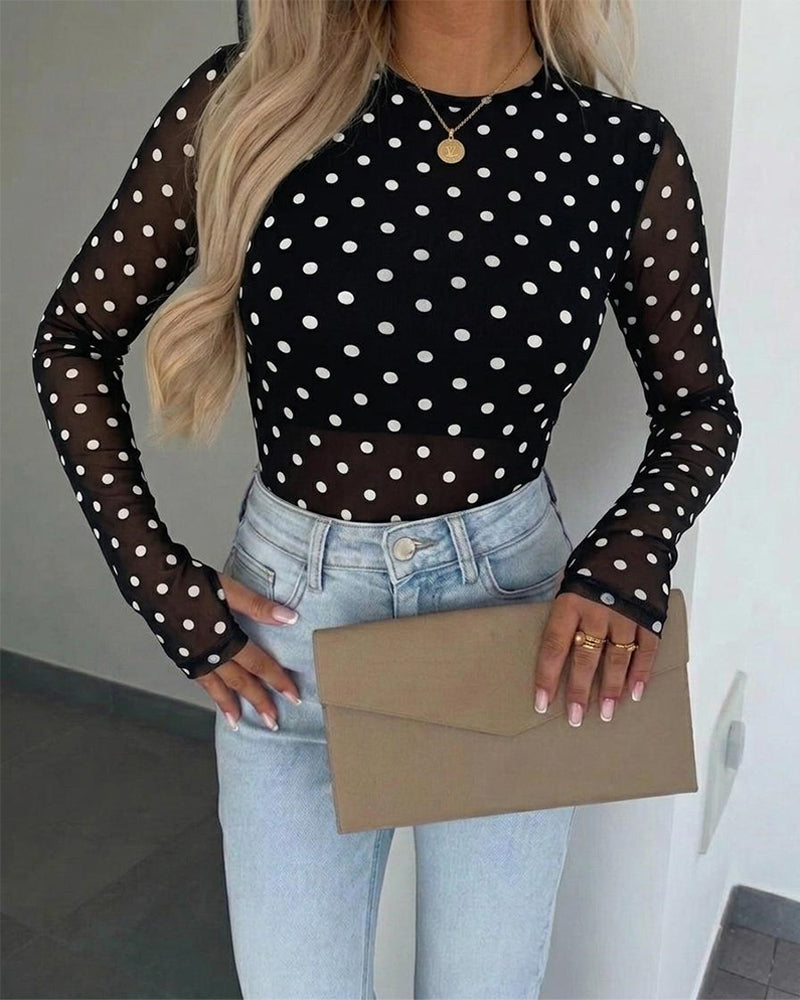 ChicMe Couture Women's Polka Dot Mesh Long Sleeve Top