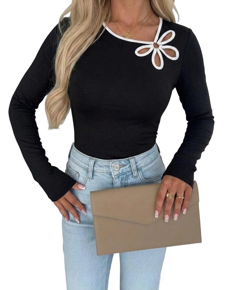 ChicMe CoutureWomen's Cutout Tops Long Sleeve Asymmetrical Neck Shirt-bk-XX-Large