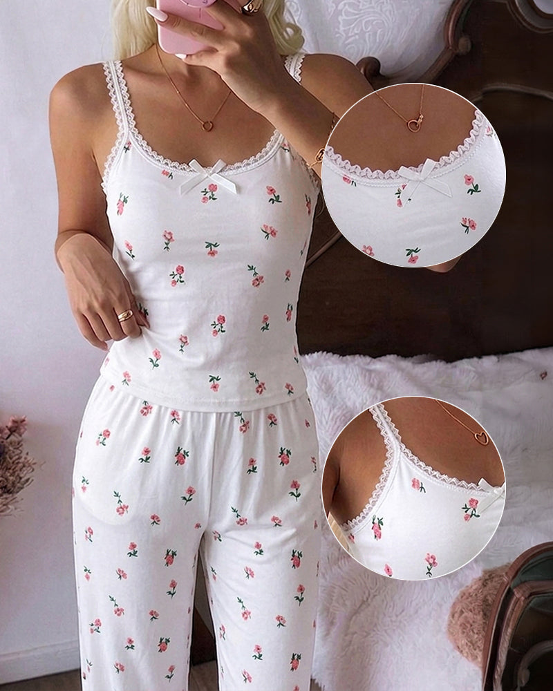 ChicMe Couture Women's Pajamas Set 2 Piece Ditsy Floral Print Lace Cami Top and Pants Loungewear with Pockets Sleepwear