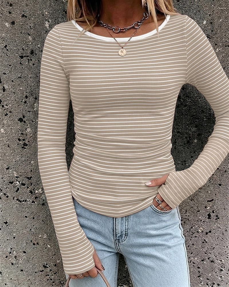 ChicMe Couture Women's Striped Boat Neck Ruched Top with Thumb Holes