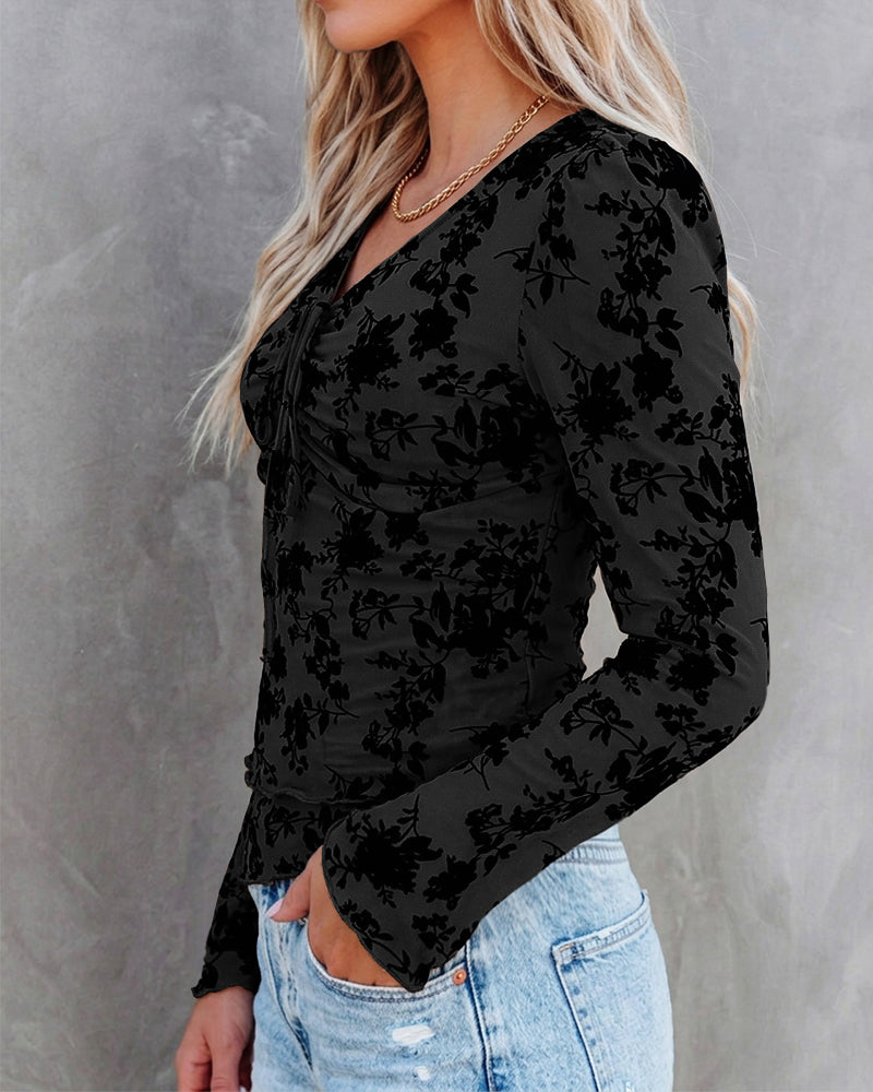 ChicMe Couture Women's Bell Sleeve Flocked Floral Mesh Top Lined Blouse Coffee Small