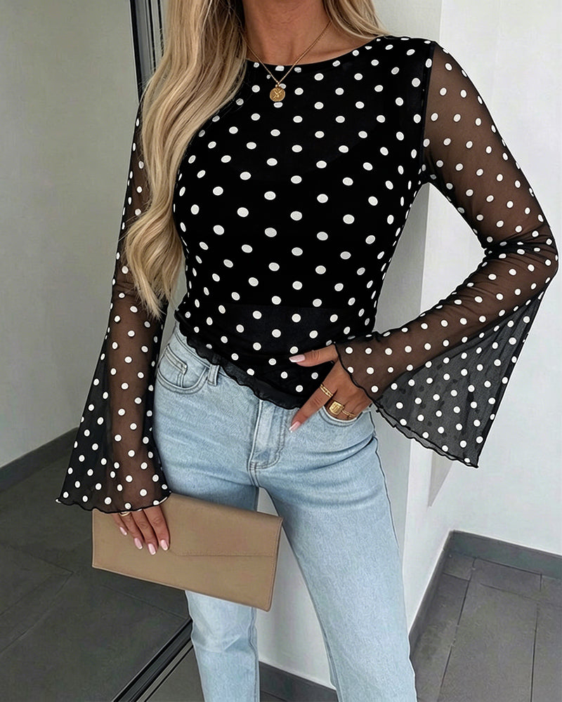 ChicMe Couture Womens Bell Sleeve Polka Dot Mesh Top Coffee Small