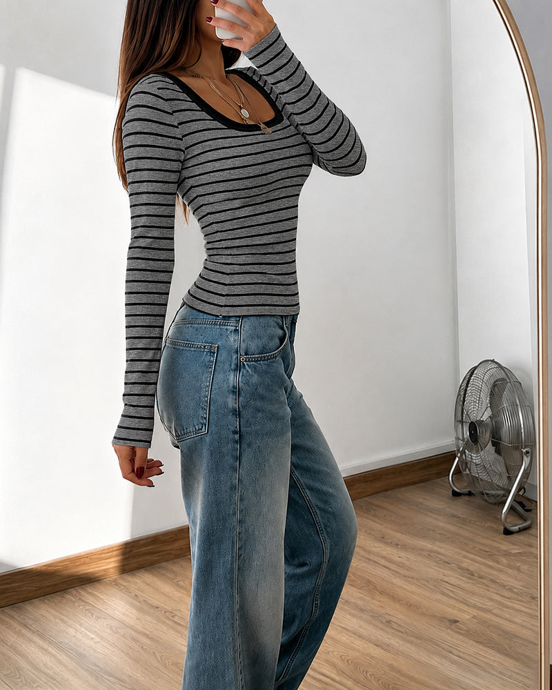ChicMe Couture Women's Striped Long Sleeve U Neck Basic Tops